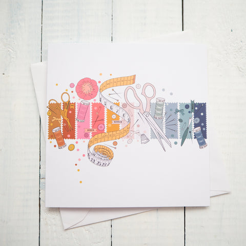 Pin, Stitch, Button, Snip Square Greetings Card