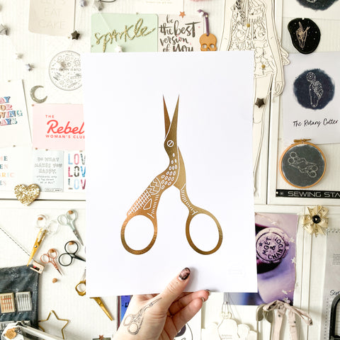 Gold Foil Embroidery Scissors A4 print